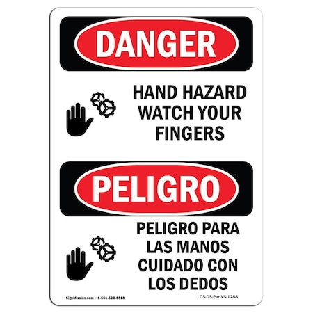 Signmission Safety Sign, OSHA Danger, 18" Height, Aluminum, Hand Hazard Watch Your Fingers Spanish OS-DS-A-1218-VS-1288